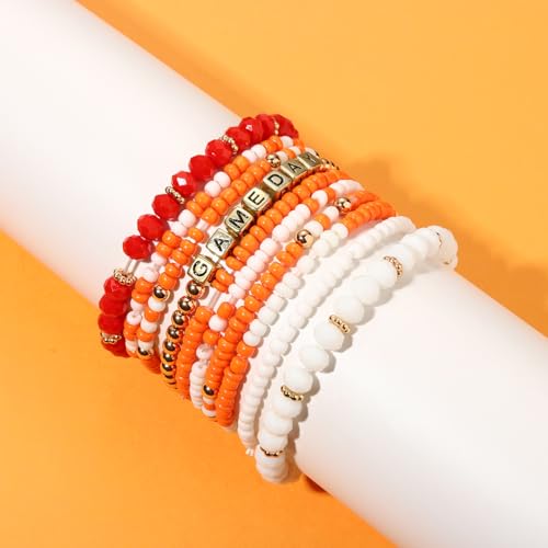 ZOLEAROPY Game Day Bracelets Stack Football Bracelets for Women Men Stackable Game day Bracelet Accessories Football Mom Outfit Jewelry Gifts - color: orange white