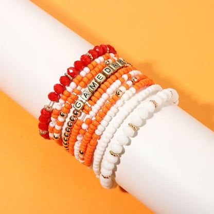 ZOLEAROPY Game Day Bracelets Stack Football Bracelets for Women Men Stackable Game day Bracelet Accessories Football Mom Outfit Jewelry Gifts - color: orange white