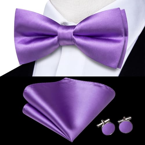 Hi-Tie 5Pcs Mens Solid Color Silk Tie Satin Pretied Bowtie Lapel Pin for Men Handkerchief Cufflink Wedding Gift Box - color: Lavender