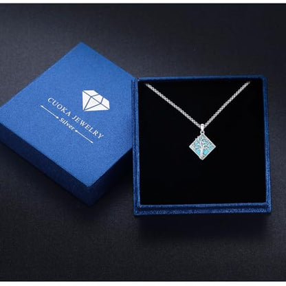 S925 Sterling Silver Tree of Life Necklace For Men Women Abalone/Turquoise/Vintage Retro Oxidation/ Famtima Hand/Round/Square/Teardrop/Rectangle/Oval Family Tree Pendant Necklaces Jewelry Gifts For Valentine's Day Christmas Mother's Day - style: Square Tu