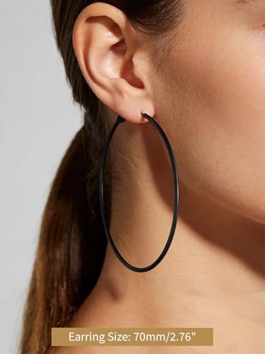 FindChic Thin Hoop Earrings for Women,Silver/Black/Gold Plated 20-100mm - color: Black, size: 70mm
