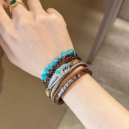 Long tiantian Boho Western Bracelets for Women Leather Wrap Bracelets Turquoise Bracelet Western Jewelry Country Concert Outfits - color: A1:western bracelet for women（brown）