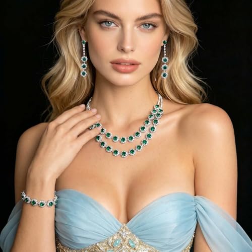 Rhinestone Bridal Wedding Jewelry Set，Crystal Necklace Earrings Bracelet Sets Formal Costume Jewelry for Women and Brides - color: GREEN