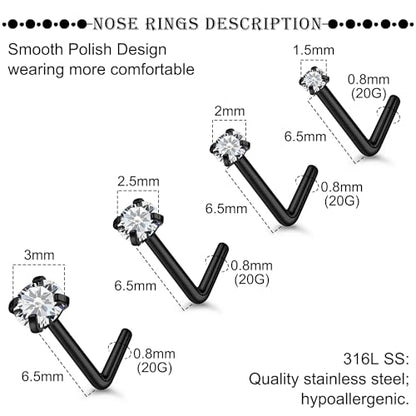 18G 20G 22G Titanium Stainless Surgical Steel Nose Rings Studs for Women L Shaped Nose Studs Screw Nose Ring Piercing Jewelry for Women Men Diamond CZ 1.5mm 2mm 2.5mm 3mm Silver Black Gold - style: 20g/Clear CZ/L-shaped/Black
