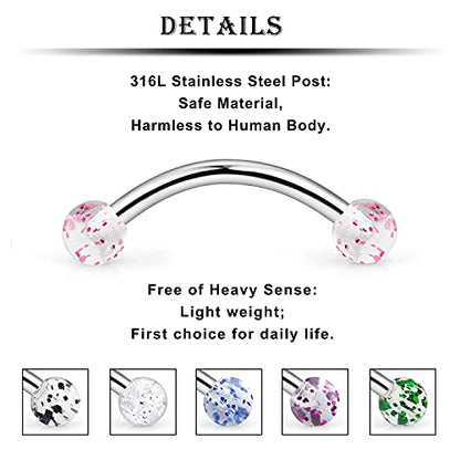 16G Clear Plastic Curved Barbells Eyebrow Ring Snake Eyes Tongue Rings Acrylic Bioflex Cartilage Helix Tragus Earrings Nipple Belly Lip Ring Piercing Retainer Length 6mm 8mm 10mm 12mm 36pcs - color: Glow In The Drak 16mm