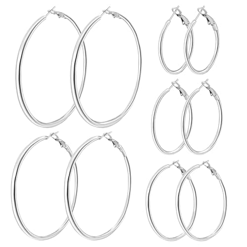 5/8 Pairs Gold Silver Hoop Earrings for Women Stainless Steel Jewelry Set | 30 40 50 60 70 mm, 14K Gold Plated Stainless Steel, Hypoallergenic, Lightweight, Thin, Small Medium Large Dangle - color: 5 Pair/Silver (30/40/50/60/70mm)