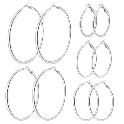 5/8 Pairs Gold Silver Hoop Earrings for Women Stainless Steel Jewelry Set | 30 40 50 60 70 mm, 14K Gold Plated Stainless Steel, Hypoallergenic, Lightweight, Thin, Small Medium Large Dangle - color: 5 Pair/Silver (30/40/50/60/70mm)