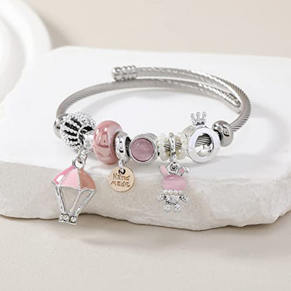 DS Charm Bracelets for girls,exquisite cute cartoon friendship bracelets Silver Stainless Steel Bangle with birthday Gift box, Adjustable girls jewelry Suitable for holiday gifts - style: Silver-pink rabbit