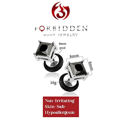16g Surgical Steel Square Crystal Dia Cut Cheater Plug Earrings (Choose CZ Color) - color: Black CZ