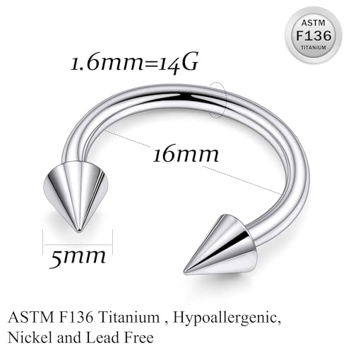 20G 18G 16G 14G 12G Horseshoe Nose Ring Titanium Septum Rings Piercing Jewelry Cartilage Conch Helix Rook Lip Tragus Earring Hoop Eyebrow Retainer For Women Men 6mm 8mm 10mm 12mm 14mm 16mm 19mm - size: Spike: 14G - 16MM