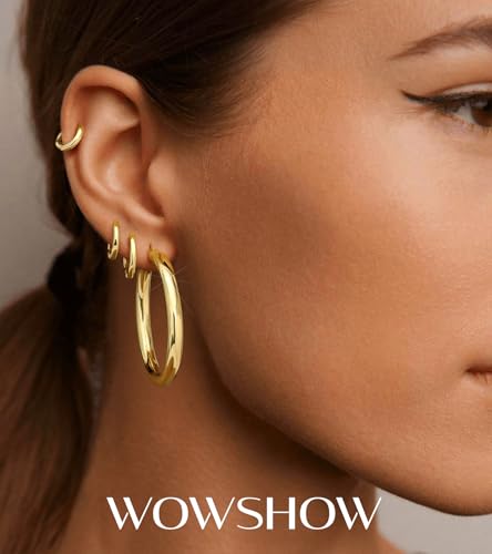 wowshow Gold Hoop Earrings for Women Chunky Hoops 14K Gold Plated Thick Hollow Tube Lightweight Earrings for Mother Birthday Gifts 20/25/30/40/50MM - color: Gold-40mm+10mm+8mm+6mm