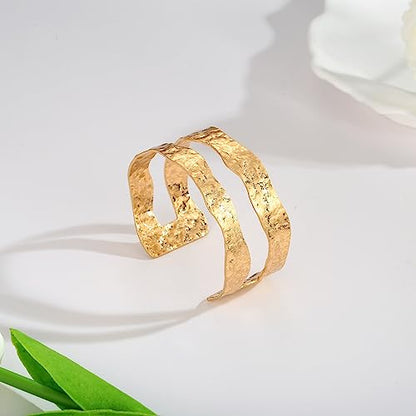 Gold Cuff Bracelet for Women Chunky Multi-layer Cross Wire Open Bracelet Hollow Wide Cuff Bracelets Adjustable Gold Open Cuff Bangle Bracelet - color: Gold Double-layer Bracelet