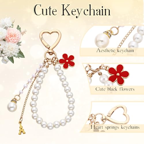 Sureio 5 Pcs Bag Extender Chain Pearl Purse Chain Ribbon Bow Keychain Extender Bag Strap Purse Charms Accessories for Handbag - color: Gold and Red