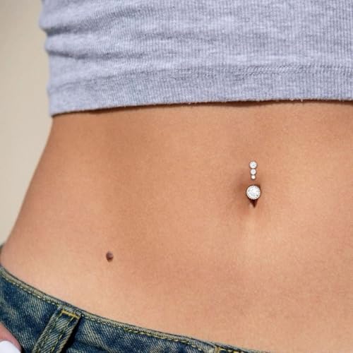 Clicker Belly Button Rings for Women Dangle Belly Rings Cute CZ Opal Reverse Navel Rings Body Piercing Jewelry for Women 14G Silver Gold Tone - style: Round,SL
