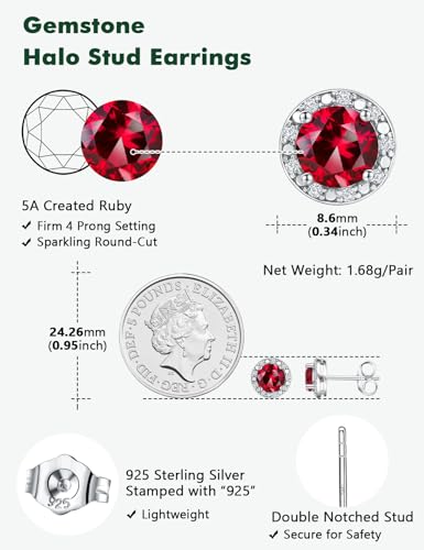 Dainty Birthstone Earrings for Women Sterling Silver Small Stud Earrings with Halo Cushion/Round Created Gemstone Earrings Birthstone Jewelry - style: B 07. July/created ruby-round cut