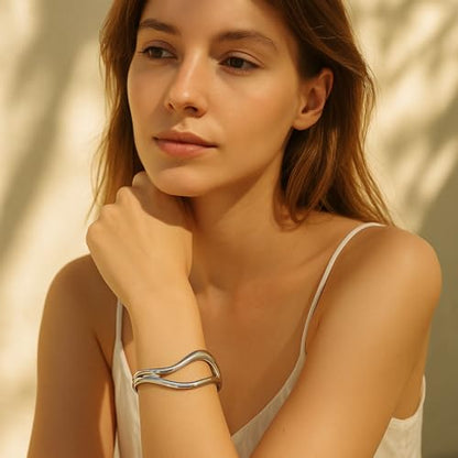 Elegance 11 designs Gold Plated Cuff Bangle Bracelets For Women Trendy Hinged Cuff Open Wide Chunky Gold Bracelet Minimalist Bangle Jewelry Gift - color: Line Bangle Silver