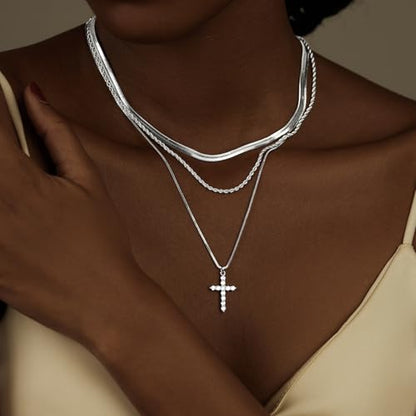 Poxtex Cross Necklace for Women Teen Girls, Dainty 14K Gold Silver Plated Cross Choker Jewelry Non Tarnish Waterproof Cute Simple Small Necklace Christian Baptism Religious Faith Jewelry Gifts - color: 09 Layered cross necklace-silver