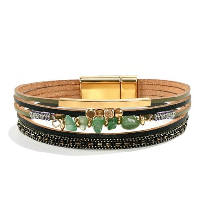 Wrapped Bracelets for Women,Leather Boho Bracelets for Women - color: Stone-Green