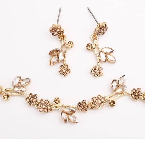 Brides Bridesmaid Flower Leaf Choker Necklace Dangle Earrings Link Bracelet Austrian Crystal Wedding Jewelry Set for Prom Costume Party Accessories for Woman - color: Champagne-Gold Plated
