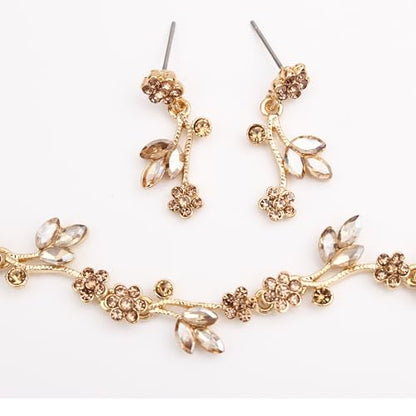 Brides Bridesmaid Flower Leaf Choker Necklace Dangle Earrings Link Bracelet Austrian Crystal Wedding Jewelry Set for Prom Costume Party Accessories for Woman - color: Champagne-Gold Plated