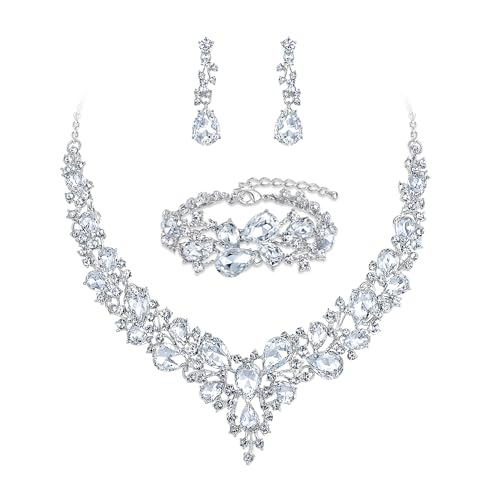 Wedding Bridal Jewelry Set for Women Bride Bridesmaids | Gorgeous Austrian Crystal Teardrop Cluster Statement Necklace Dangle Earrings Link Bracelet Set Prom Jewellery - color: 01-Clear Silver-Tone