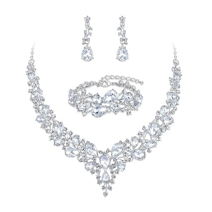 Wedding Bridal Jewelry Set for Women Bride Bridesmaids | Gorgeous Austrian Crystal Teardrop Cluster Statement Necklace Dangle Earrings Link Bracelet Set Prom Jewellery - color: 01-Clear Silver-Tone