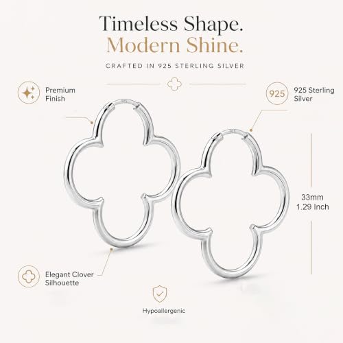LeCalla 925 Sterling Silver Clover Hoop Earrings for Women | Lightweight Endless Clover Flower Shaped Earrings | Quatrefoil Open Hoop Earring Jewelry Gifts for Women - color: Clover Hoop - Silver 33MM(Medium)