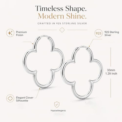 LeCalla 925 Sterling Silver Clover Hoop Earrings for Women | Lightweight Endless Clover Flower Shaped Earrings | Quatrefoil Open Hoop Earring Jewelry Gifts for Women - color: Clover Hoop - Silver 33MM(Medium)