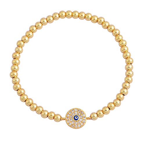 Women Evil Eye Ball chain Elastic bracelet with CZ Cubic Zirconia - color: Gold