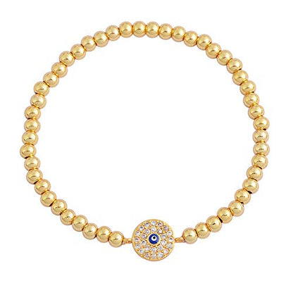 Women Evil Eye Ball chain Elastic bracelet with CZ Cubic Zirconia - color: Gold
