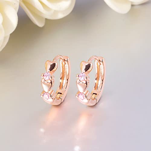 CiNily 14K White Gold Plated Small Hoop Earrings for Women Girls Heart Cubic Zirconia Hypoallergenic Earrings - color: Rose gold-pink