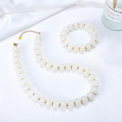 NEWITIN 2 Pieces Summer Beach Jewelry for Women Chunky Beaded Necklace Bracelet Trendy Big Resin Beaded Choker Boho Charm Statement Colorful Jewelry Set for Women - color: White