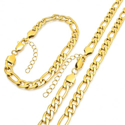 Kemstone Stainless Steel Figaro Cuban Bracelet Necklace Set for Men Women Jewelry - color: Gold 07