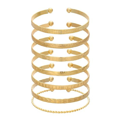 7 Pcs Gold Bangle Bracelets Multi Layer Stackable Cuff Bracelet Set Trendy Elegance Charms Non Tarnish Minimalist Textured Boho Jewelry for Women - color: Gold