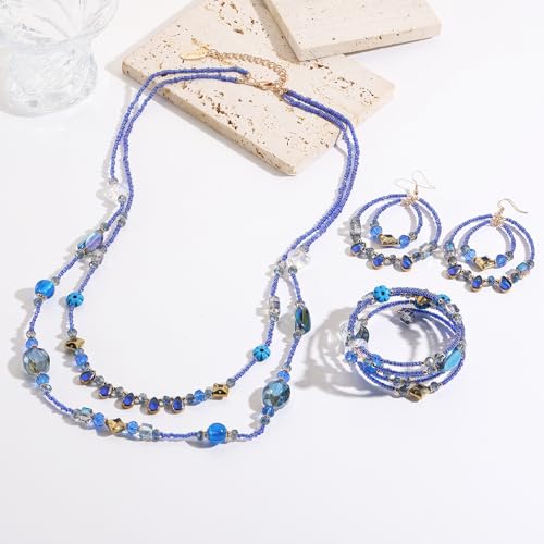 Bocar Bohemian Handmade Beaded Jewelry Set for Women 3 Pcs Layered Necklace Hoop Earrings Wrap Bracelet Set Boho Summer Vacation Jewelry Gift (NK-10834) - color: Blue
