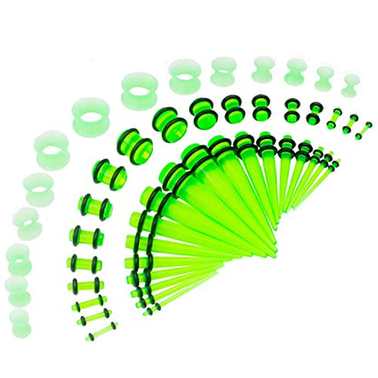 50 Pcs Ear Gauges Stretching Kit 14G-00G | Acrylic Tapers and Plugs Silicone Tunnels, Gauge Expanders Stretching Kit, Piercing Earring Jewelry for Men and Women - color: Green
