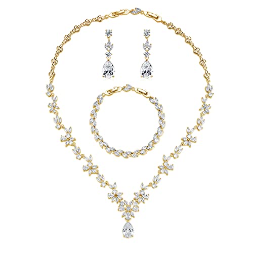 GULICX Wedding Jewelry for Bride, Silver Bridal Necklace Earrings Bracelet Set with Clear Cubic Zirconia, Bridemaids Jewelry Set for Wedding, Crystal Wedding Party Jewelry Set for Women Girls - color: Gold Plated