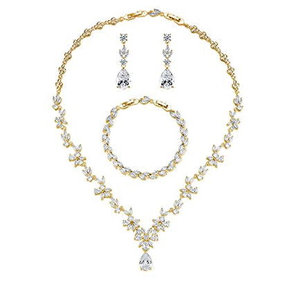 GULICX Wedding Jewelry for Bride, Silver Bridal Necklace Earrings Bracelet Set with Clear Cubic Zirconia, Bridemaids Jewelry Set for Wedding, Crystal Wedding Party Jewelry Set for Women Girls - color: Gold Plated