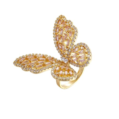 Butterfly Rings for Women Adjustable Golden Cocktail Ring Sparkly Stones Statement Silver Bow Open Wrap Bow Jewelry Bridesmaids Wedding Valentine’s Day Gift Lover Mother - color: JZ03-Gold Pink