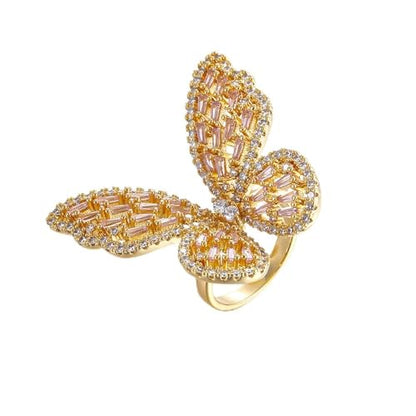 Butterfly Rings for Women Adjustable Golden Cocktail Ring Sparkly Stones Statement Silver Bow Open Wrap Bow Jewelry Bridesmaids Wedding Valentine’s Day Gift Lover Mother - color: JZ03-Gold Pink