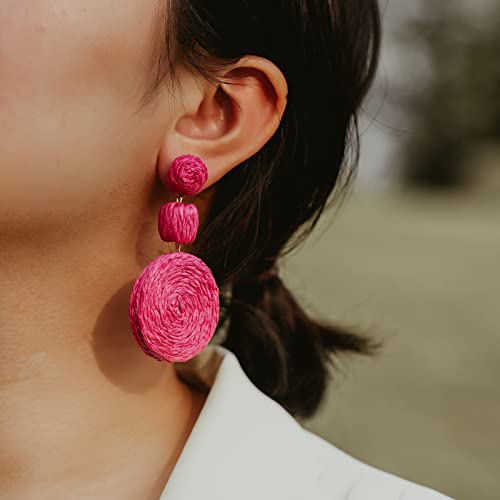 Statement Raffia Boho Round Dangle Ball Earrings - Cute Handmade Summer Bohemian Dangling Jewelry for Women - color: Rose