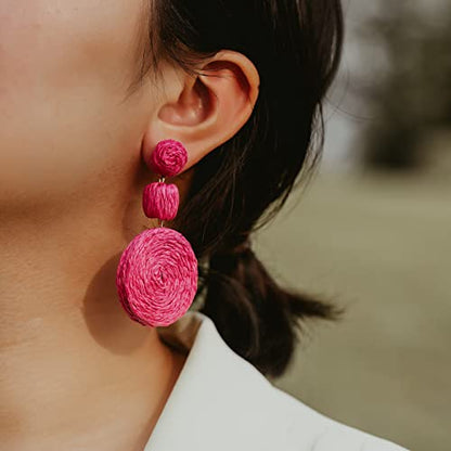 Statement Raffia Boho Round Dangle Ball Earrings - Cute Handmade Summer Bohemian Dangling Jewelry for Women - color: Rose