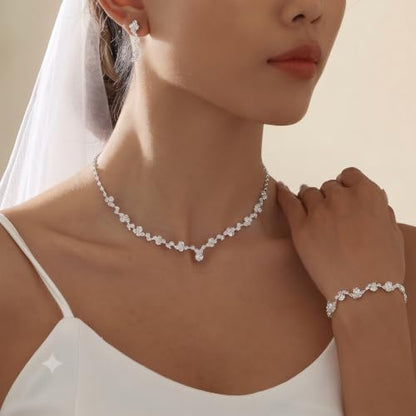 1 Piece Silver Jewelry Sets for Women Rhinestone Necklace Earrings Bracelet Set Prom Jewelry Bridal Bridemaid