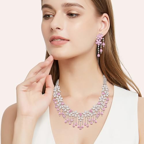 EVER FAITH Bridal Jewelry for Bride Bridesmaid, Elegant Cubic Zirconia Birthstone Cluster Flower Teardrop Wedding Party Necklace Dangle Earrings Sets for Women - color: Pink
