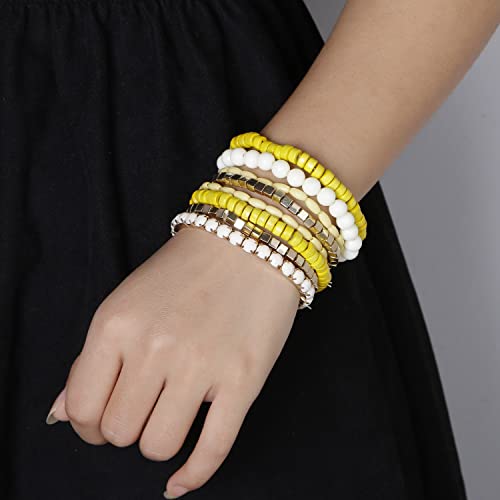 LUREME Boho Multi Strand Stackable Stretch Bracelet Set Wooden Cube Alloy Bead Bangle bl003172 - color: Yellow