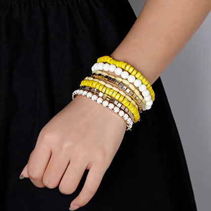 LUREME Boho Multi Strand Stackable Stretch Bracelet Set Wooden Cube Alloy Bead Bangle bl003172 - color: Yellow