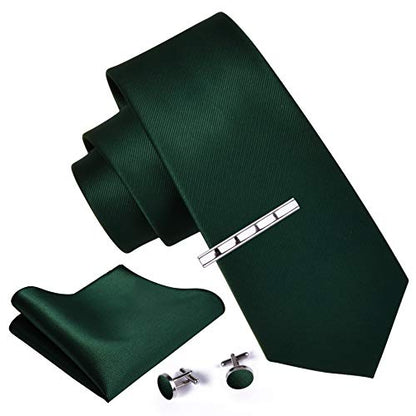 GUSLESON New 3.15"（8cm） Solid Color Necktie and Pocket Square Cufflinks Clip Set - color: Dark Green