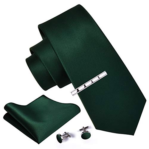 GUSLESON New 3.15"（8cm） Solid Color Necktie and Pocket Square Cufflinks Clip Set - color: Dark Green