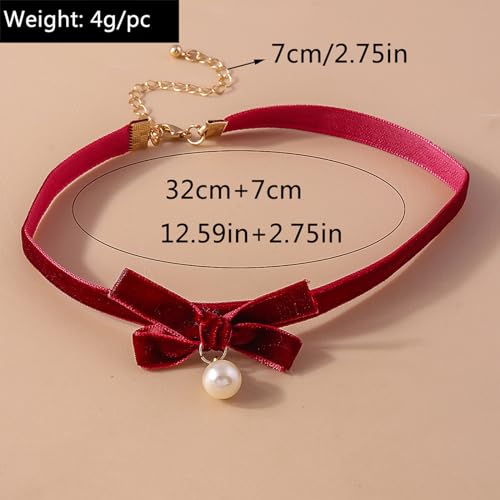 Bow Necklace for Women Dainty Velvet Ribbon Choker Necklaces Red Black Bow Choker Pearl Bell Heart Pendant Necklace Winter Holiday Necklace Cute Bow Knot Necklace for Christmas New Year Gifts - color: Red+pearl
