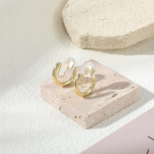 2 Pairs Gold Chunky Hoop Earrings for Women | Small Lightweight Clip On Earrings for Non Pierced Ears, Comfortable Cushion & Non-Slip Grip for Sensitive Ears
